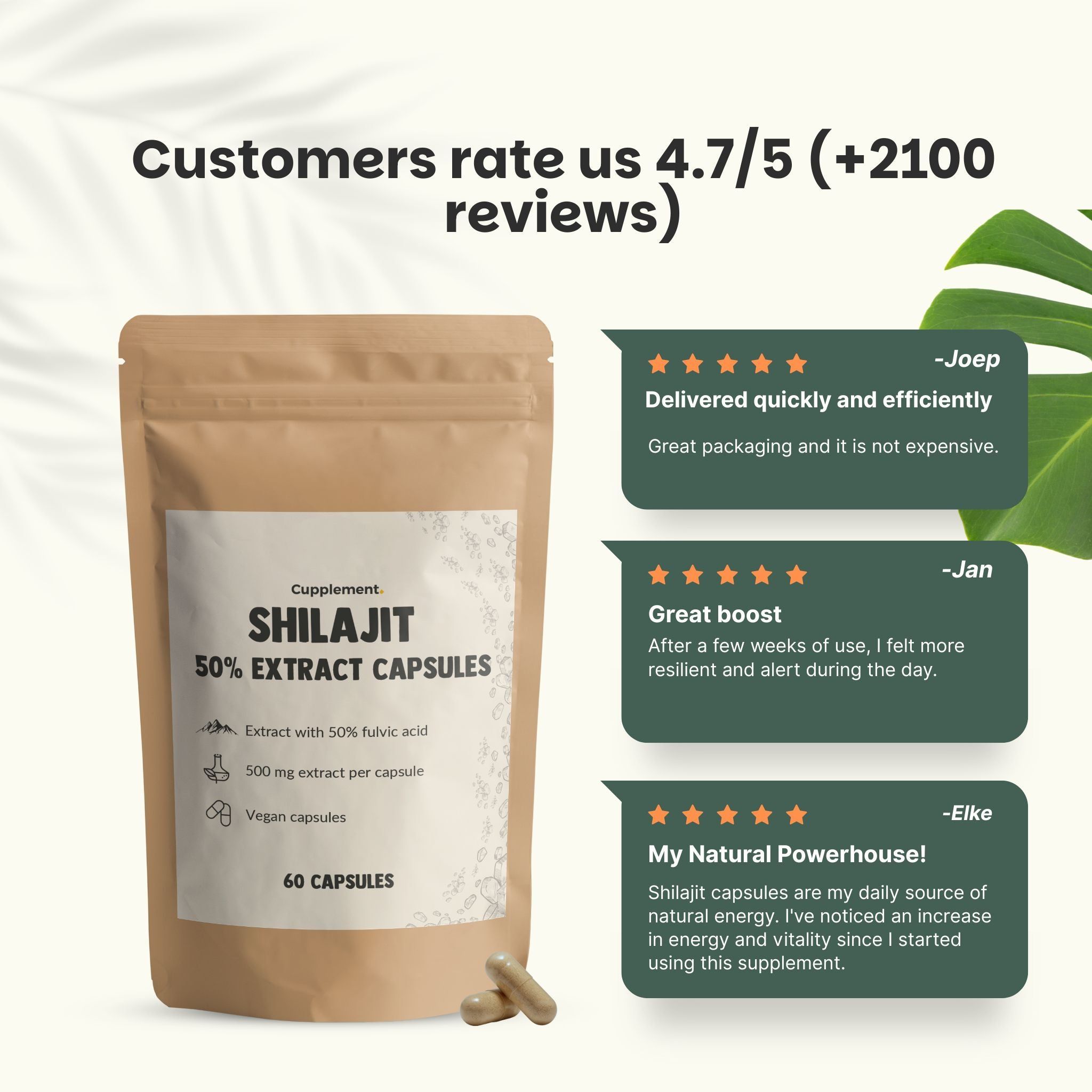 Sachet de gélules d'extrait de Shilajit. Texte : Les clients nous évaluent 4,7/5. Citations de clients.