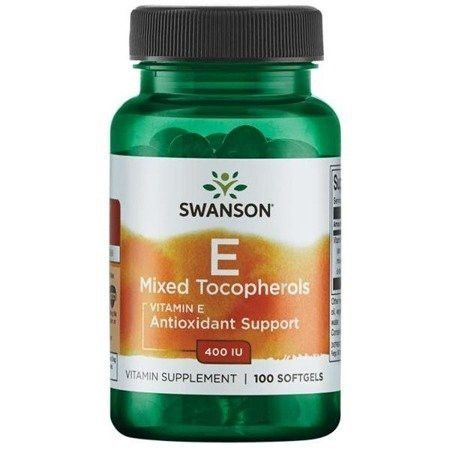 Groene fles met SWANSON Vitamine E gemengde tocoferolen, 400 IU, 100 softgels.