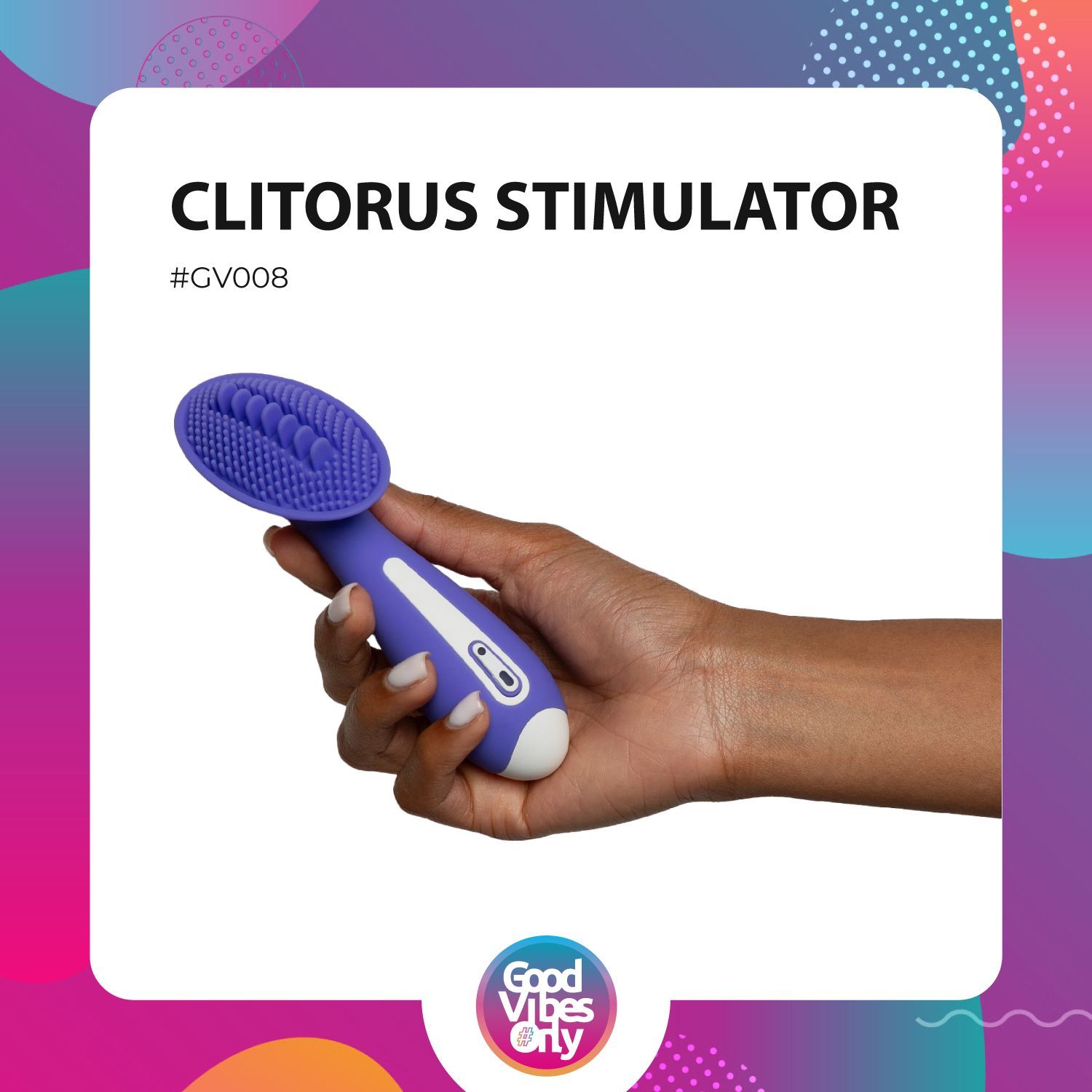 Paarse clitorisstimulator in een hand gehouden. De stimulator heeft een afgeronde kop.