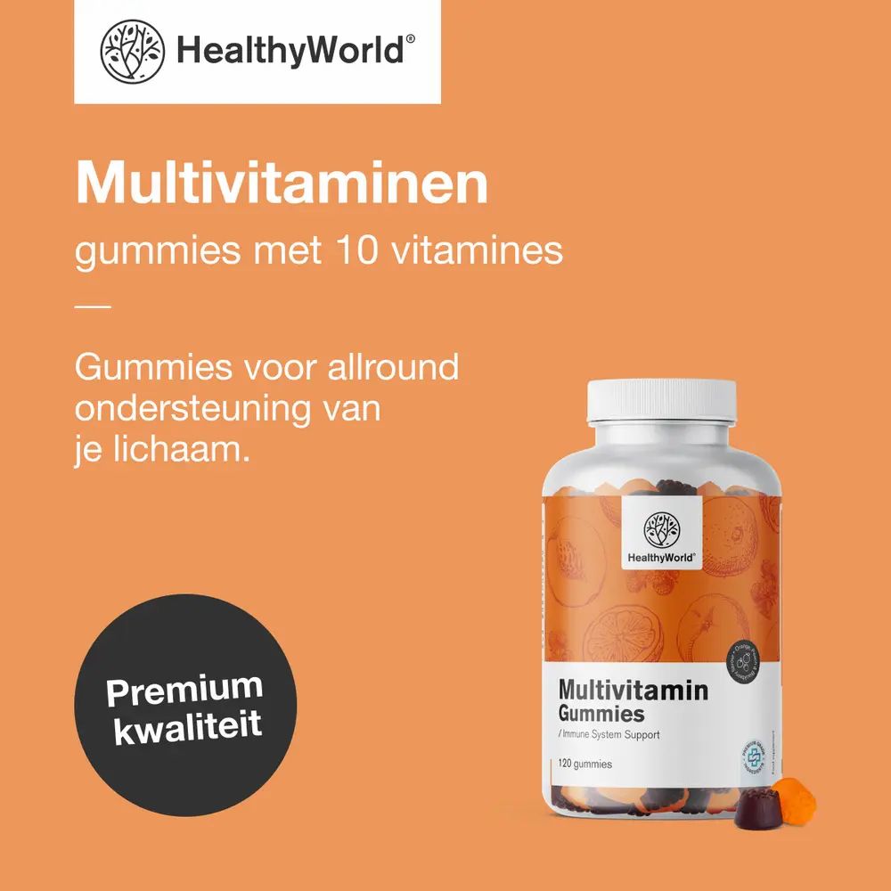 Oranje achtergrond met logo en fles. Tekst: Multivitaminen gummies met 10 vitamines. Premium kwaliteit.