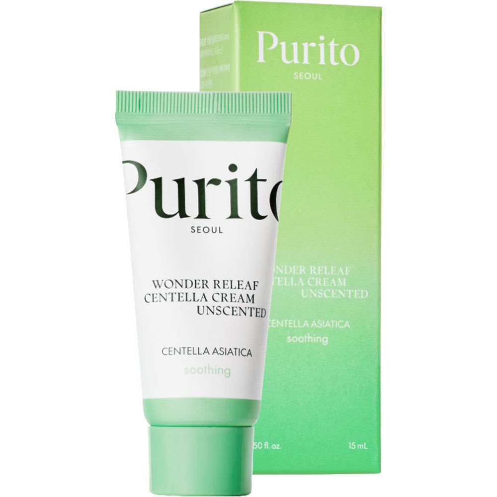 Crème tube en doos, wit en groen. Opschrift: Purito, Wonder Releaf Centella Cream Unscented, Centella Asiatica, soothing.
