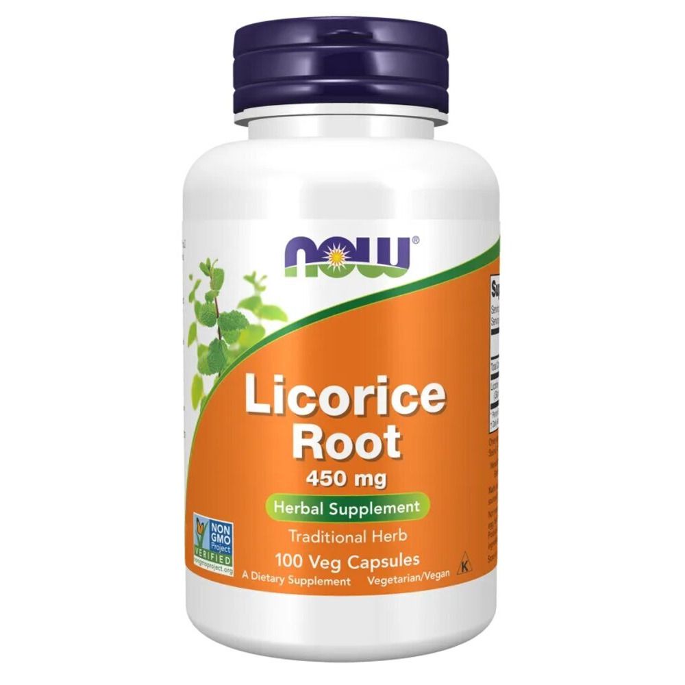 Flacon blanc avec bouchon bleu. Inscription: Licorice Root, 450 mg, Herbal Supplement. 100 Veg Capsules.