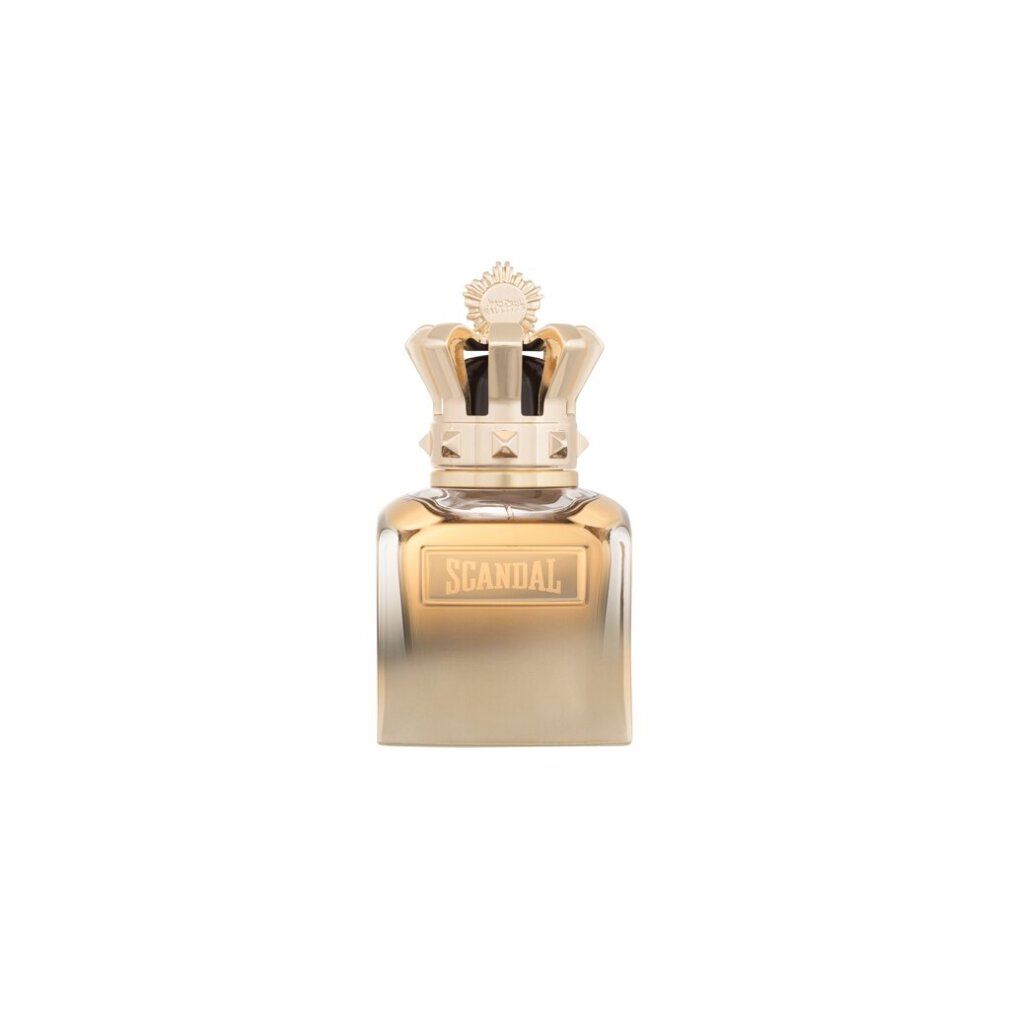 Flacon de parfum avec couronne dorée. Inscription: Scandal. Forme carrée.