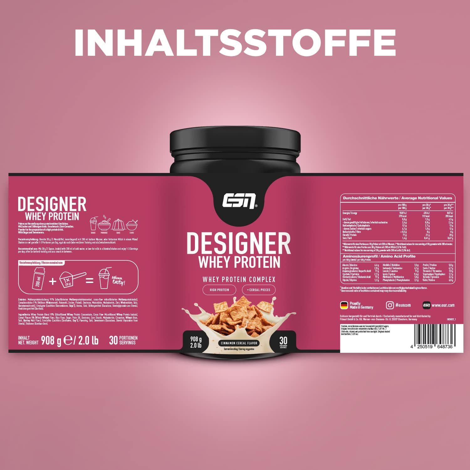 Pot ESN Designer Whey Protein, 908g, 2.0 lb, 30 portions. Tableau des ingrédients. Saveur Cinnamon Cereal.
