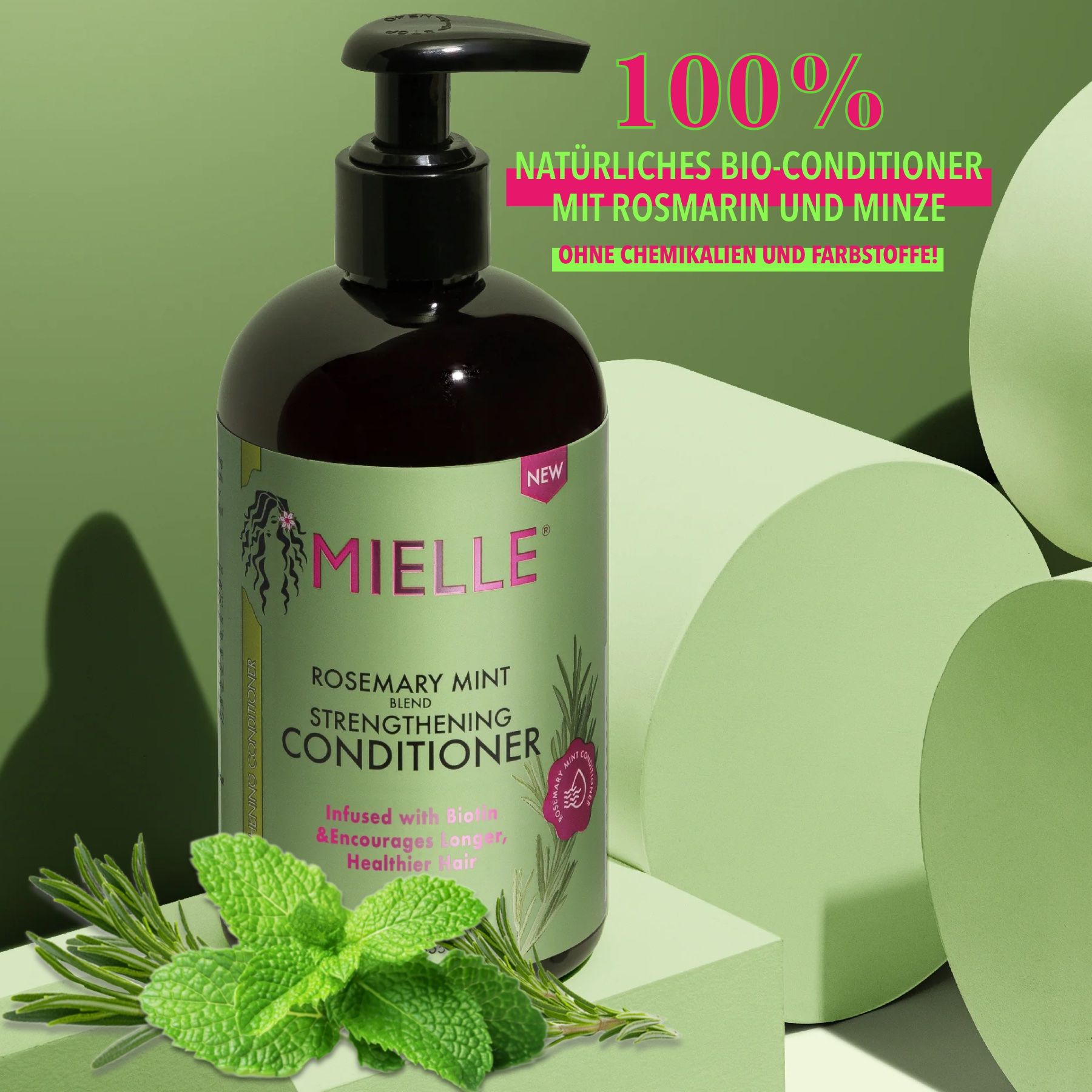 Conditionneur Mielle. Flacon noir avec pompe. Romarin, menthe et texte. Conditionneur bio 100% naturel. Sans produits chimiques ni colorants.