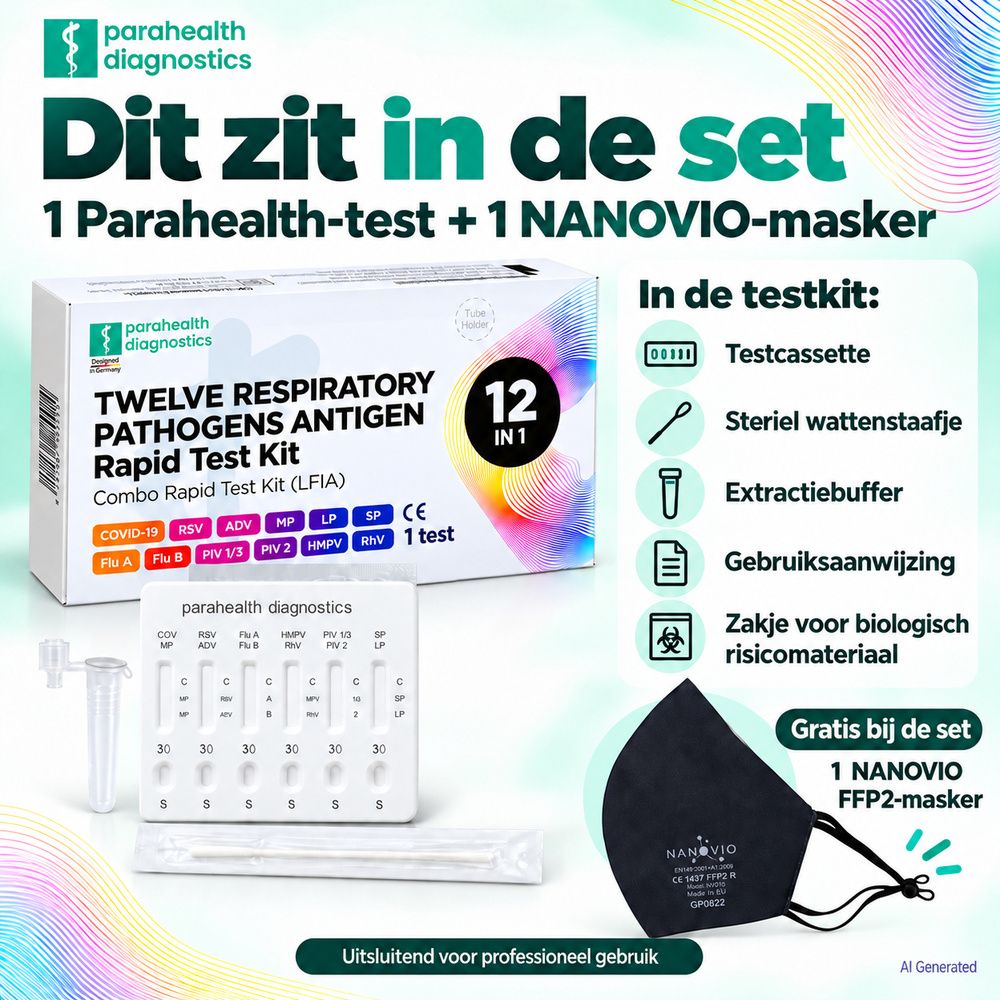 12 Parameters. Eén staal. Antigeentest voor de luchtwegen voor zorgprofessionals. Toont testcassette en verpakking.