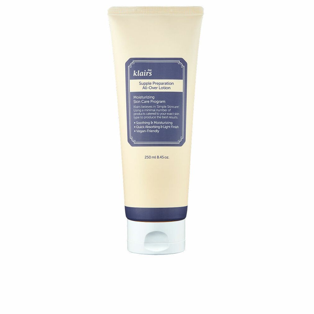 Tube beige avec étiquette bleue. Inscription : klairs, Supple Preparation All-Over Lotion. 250ml.