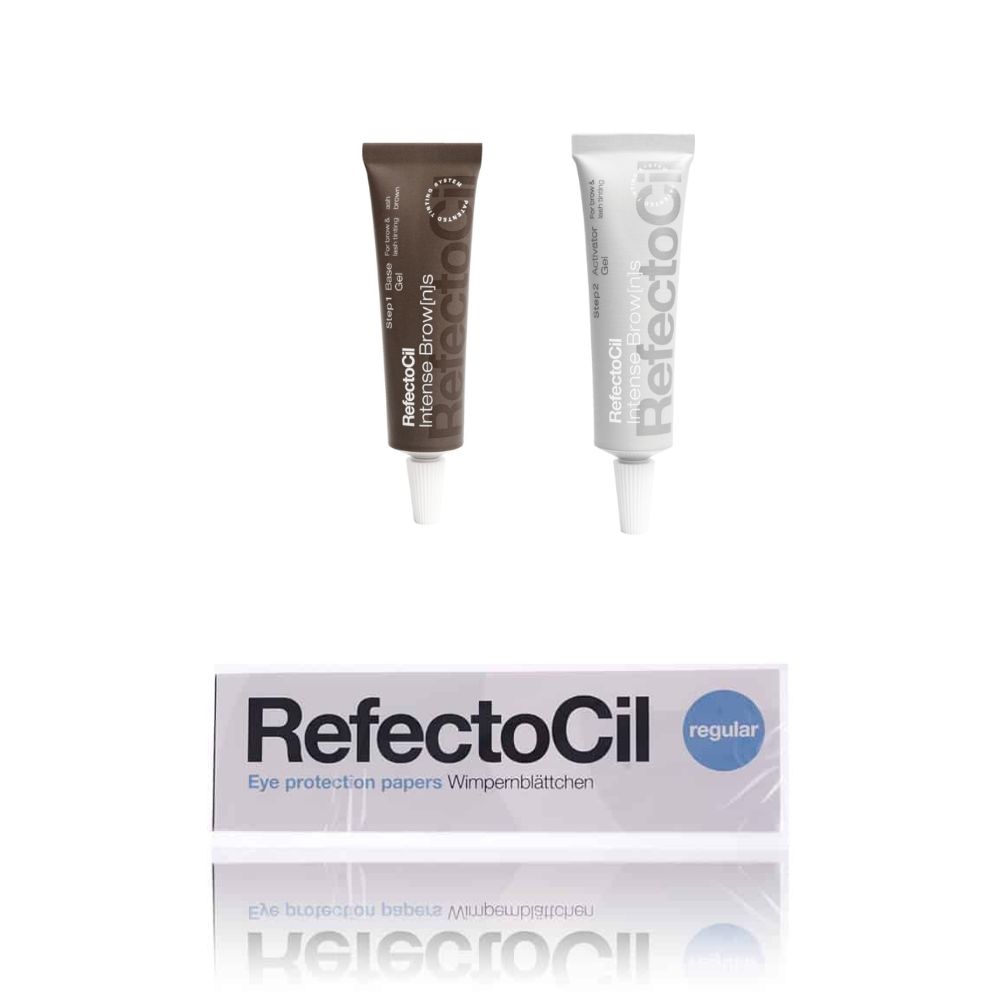 Twee tubes en een doos. Op de tubes staat RefectoCil. Op de doos staat RefectoCil Eye protection papers Wimpernblättchen.