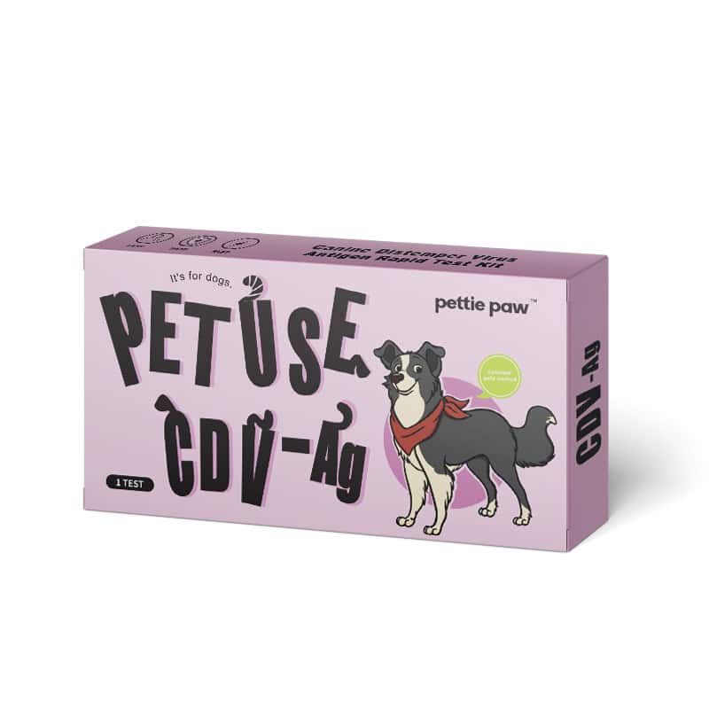 Roze doos met opschrift PETuse CDV-ag. Afbeelding van een hond. Tekst: Canines Distemper Virus Antigen Rapid Test Kit.