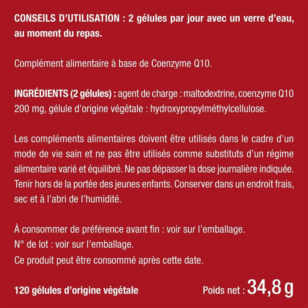 Texte avec informations sur les ingrédients et l'utilisation. Contient 120 gélules. Poids net : 34,8 g.