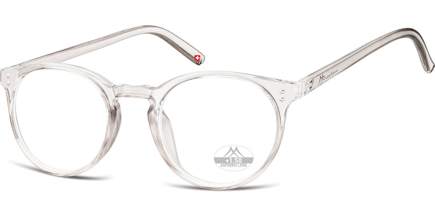 Lunettes transparentes à verres ronds. Branches avec accent rouge. Logo Montana Eyewear sur la branche et le verre.