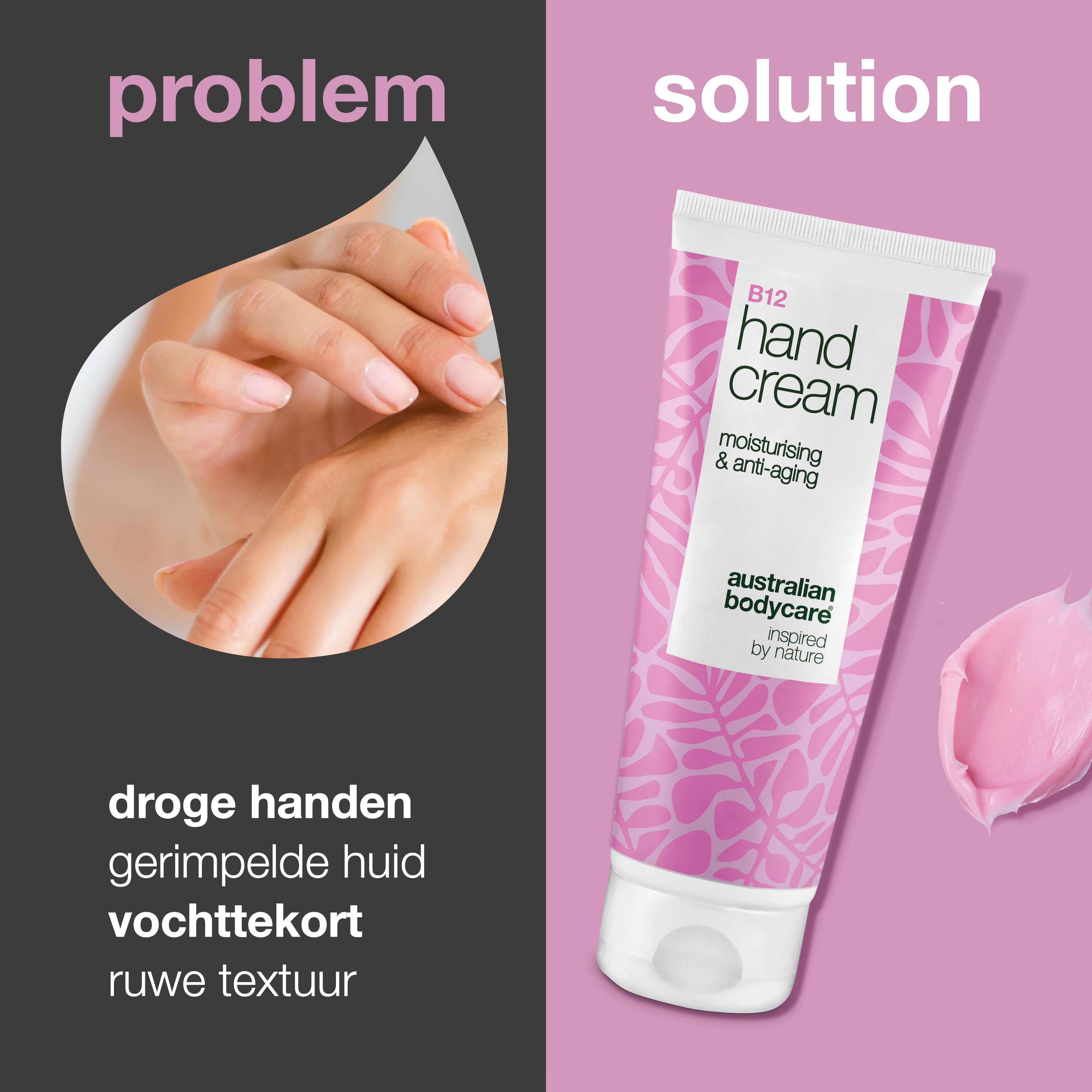 Handcrème B12, hydraterend en anti-aging. Roze crème naast handen. Merk: Australian Bodycare. Tekst: Probleem/Oplossing.