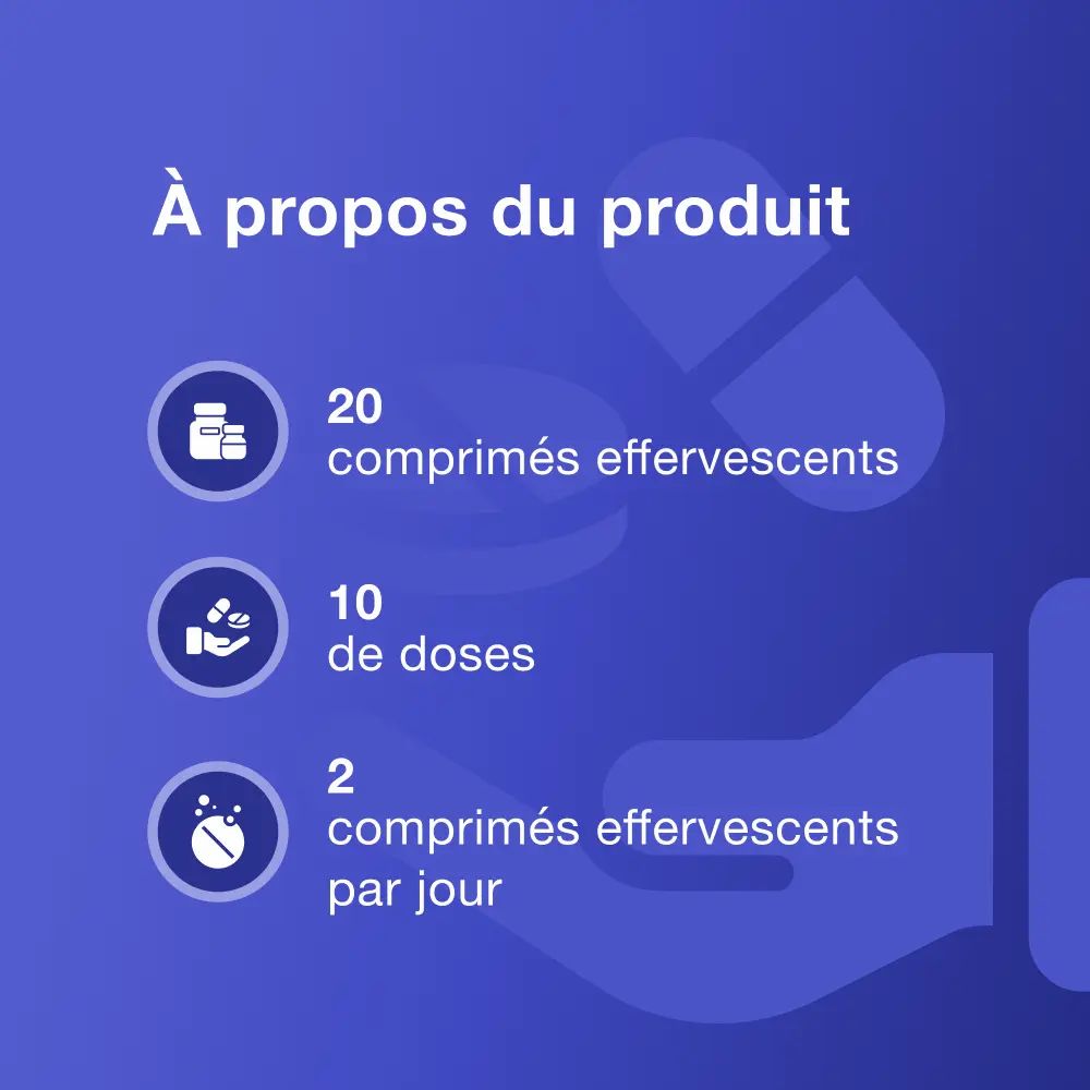 Infographie: 20 comprimés, 10 doses, 2 comprimés par jour. Texte: À propos du produit.