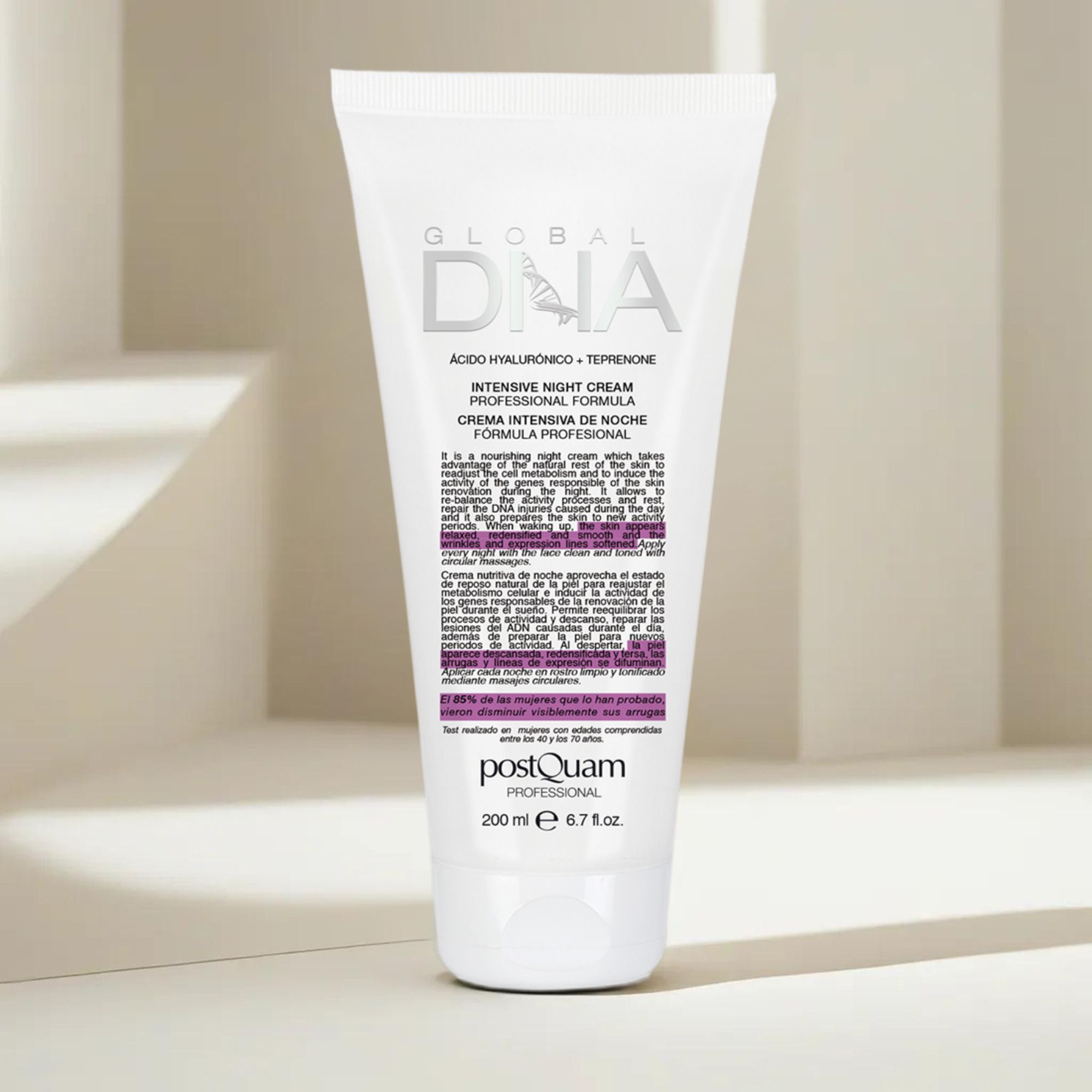 Tube blanche avec texte. Inscription: Global DNA, Intensive Night Cream. Marque: Postquam. 200 ml.