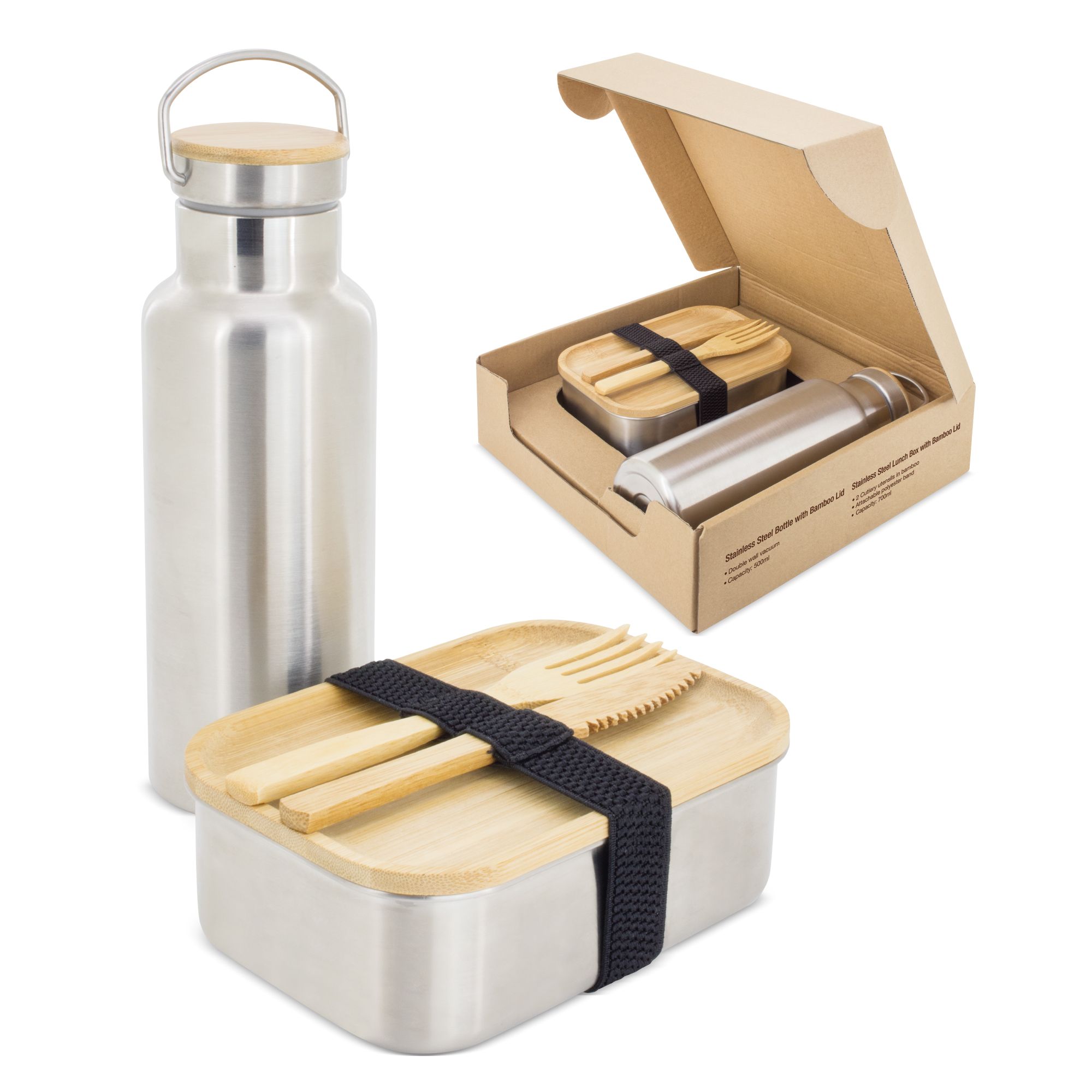Roestvrijstalen waterfles, lunchbox met bamboe deksel, bestek en verpakking. Bamboe deksel, zwarte band.