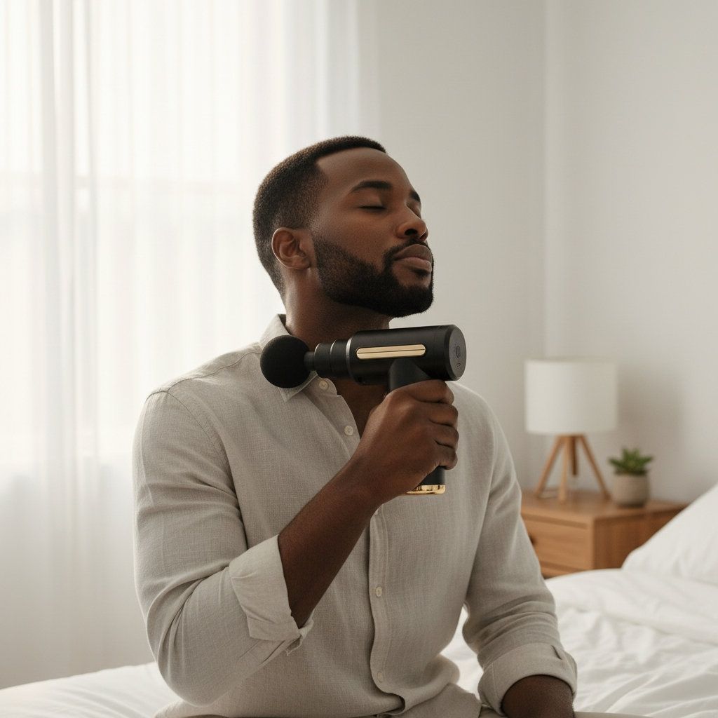 Appareil de massage noir avec des accents dorés. L'homme masse son cou. Lit en arrière-plan.