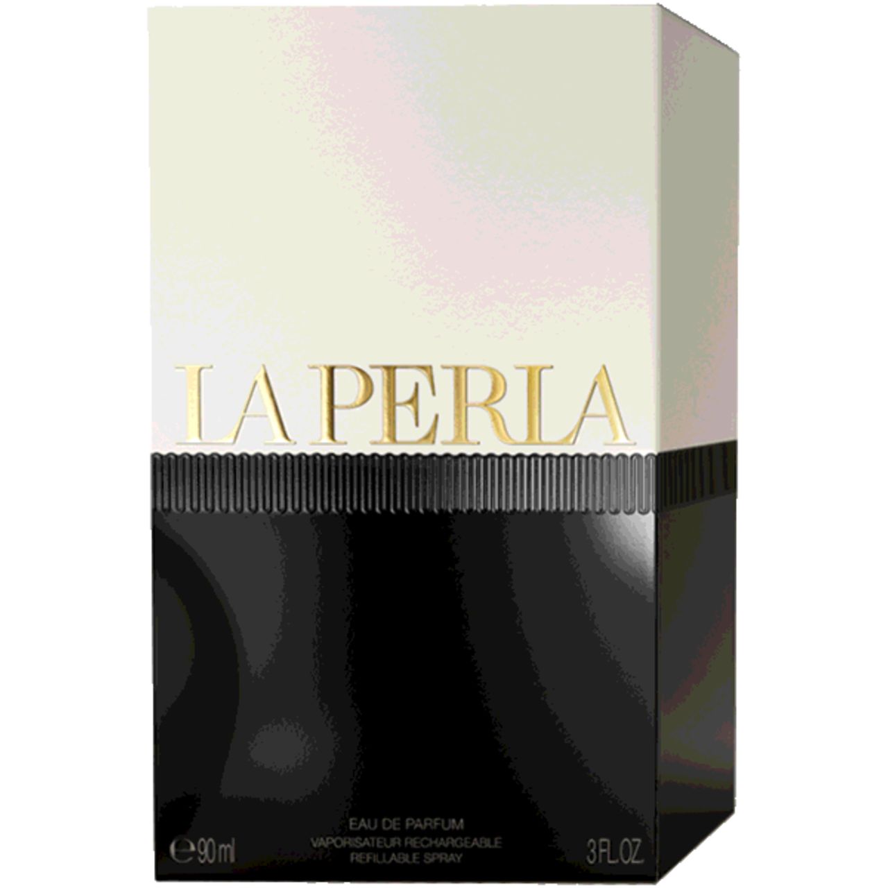Boîte La Perla Signature E.d.P. Nat. Spray. Rectangulaire, noir et blanc, lettrage doré. Texte : Eau de Parfum, vaporisateur rechargeable, 3 FL.OZ.