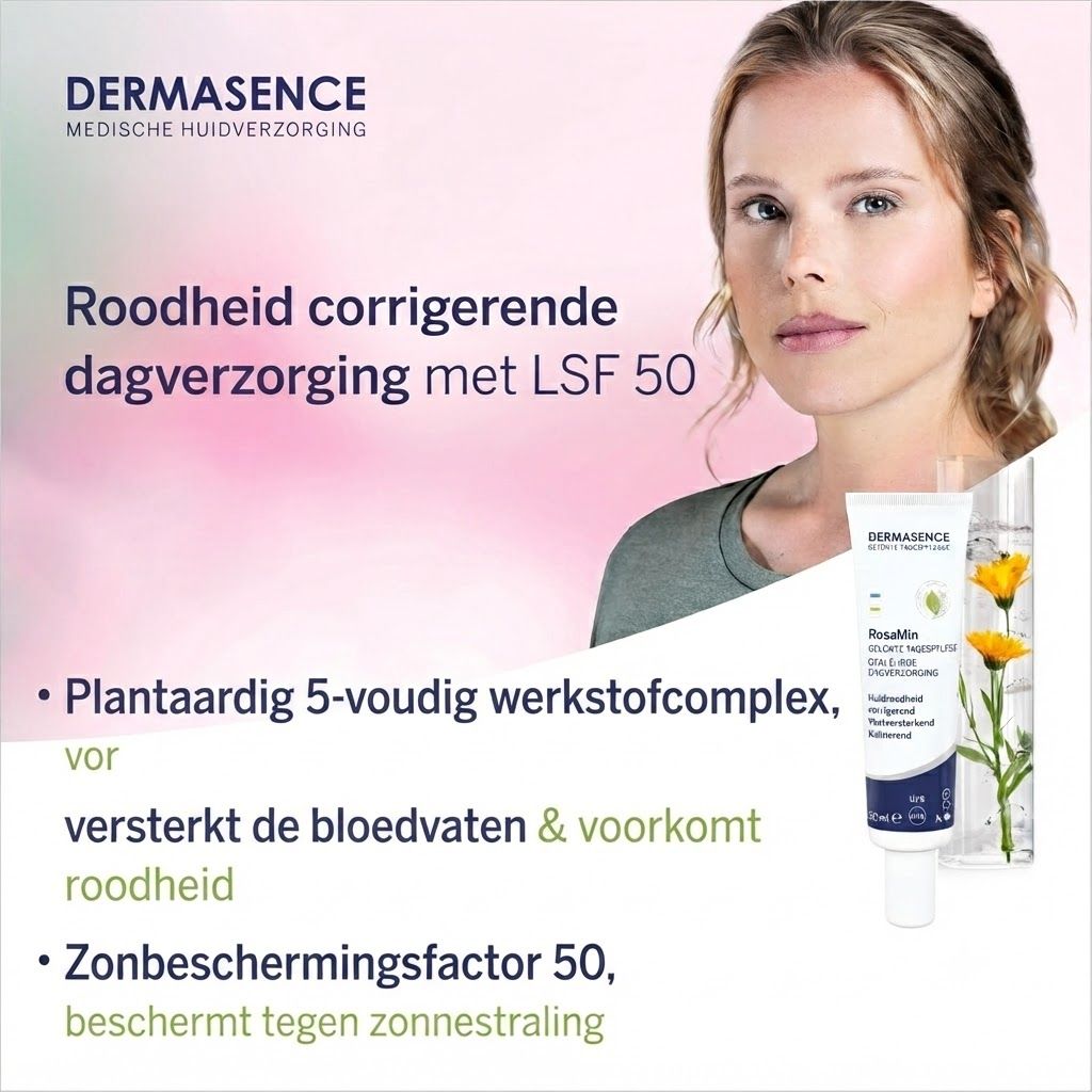 DERMASENCE Roodheid corrigerende dagverzorging met LSF 50. Bevat plantaardig 5-voudig werkstofcomplex en zonnebeschermingsfactor 50.