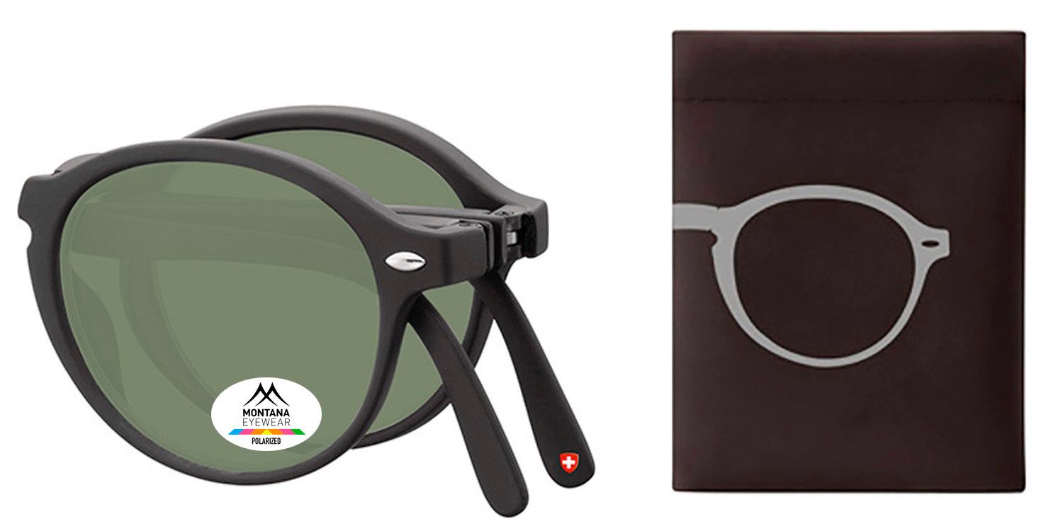 Lunettes de soleil pliables noires, verres verts, à côté d'un étui marron. Croix suisse sur la branche.