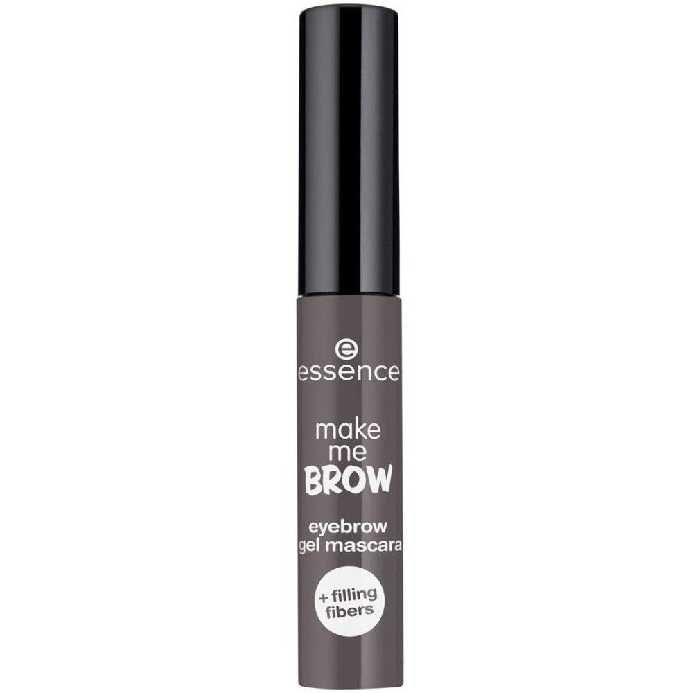 Mascara gel pour sourcils. Flacon avec bouchon noir. Nom du produit et marque : Essence Make Me Brow. Texte : + filling fibers.