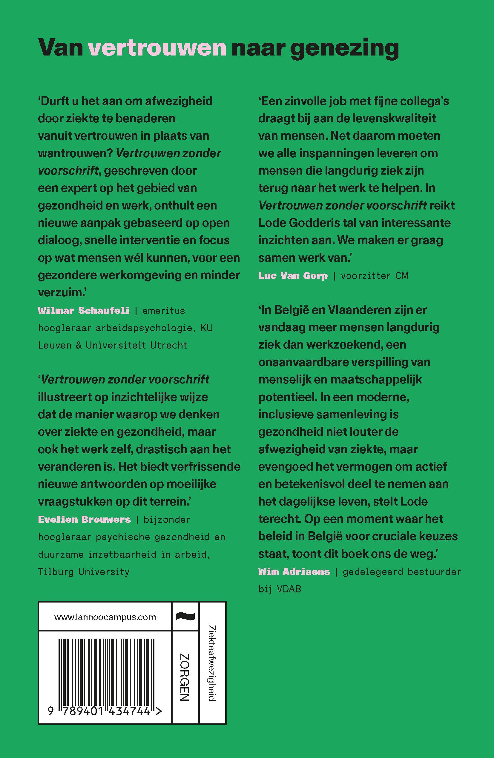 Boekachterkant met zwarte tekst op groene achtergrond. Titel: "Van vertrouwen naar genezing".