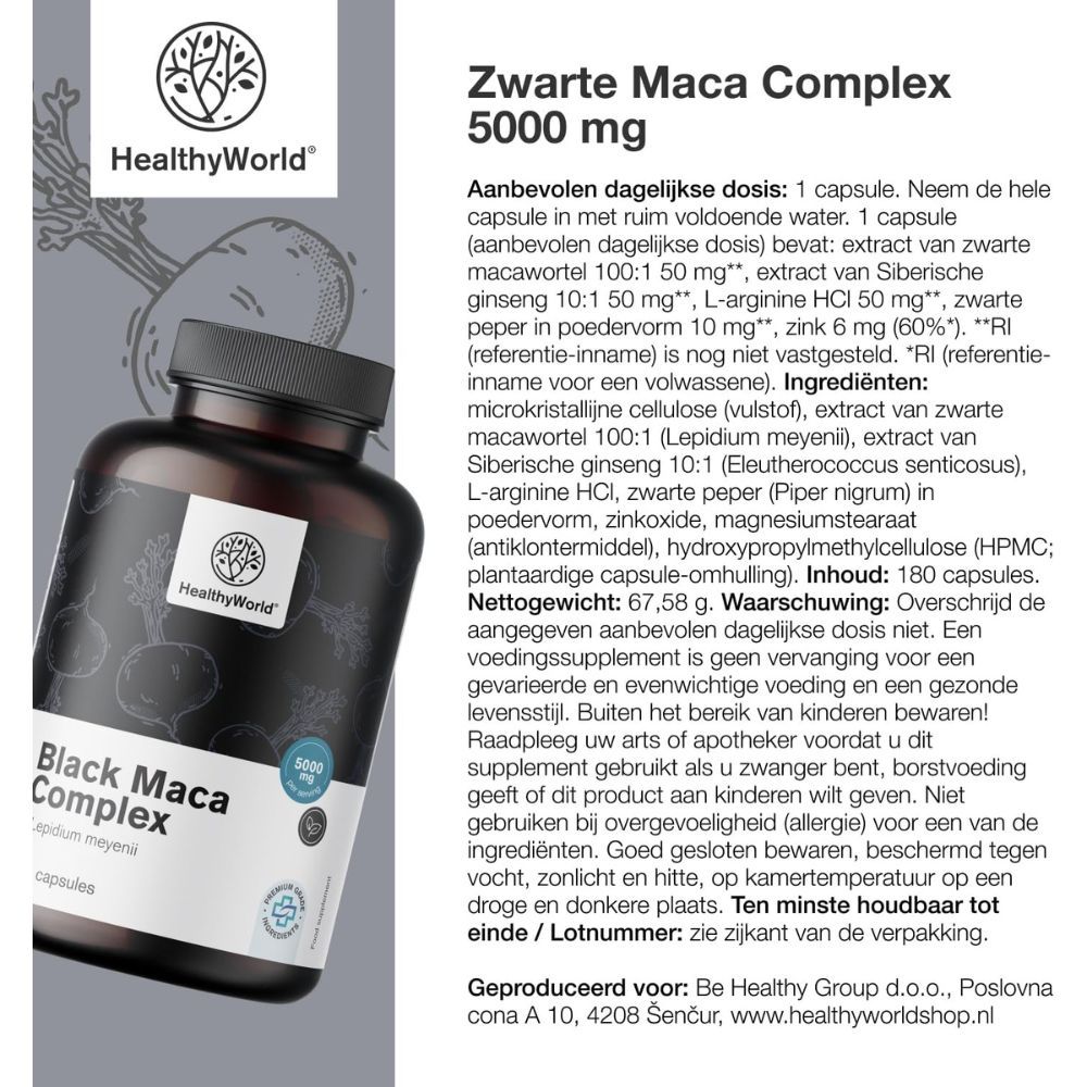Productfles en tekst. Tekst: Zwarte maca complex 5000 mg, 180 capsules. Logo: HealthyWorld. Ingrediënten en dosering.