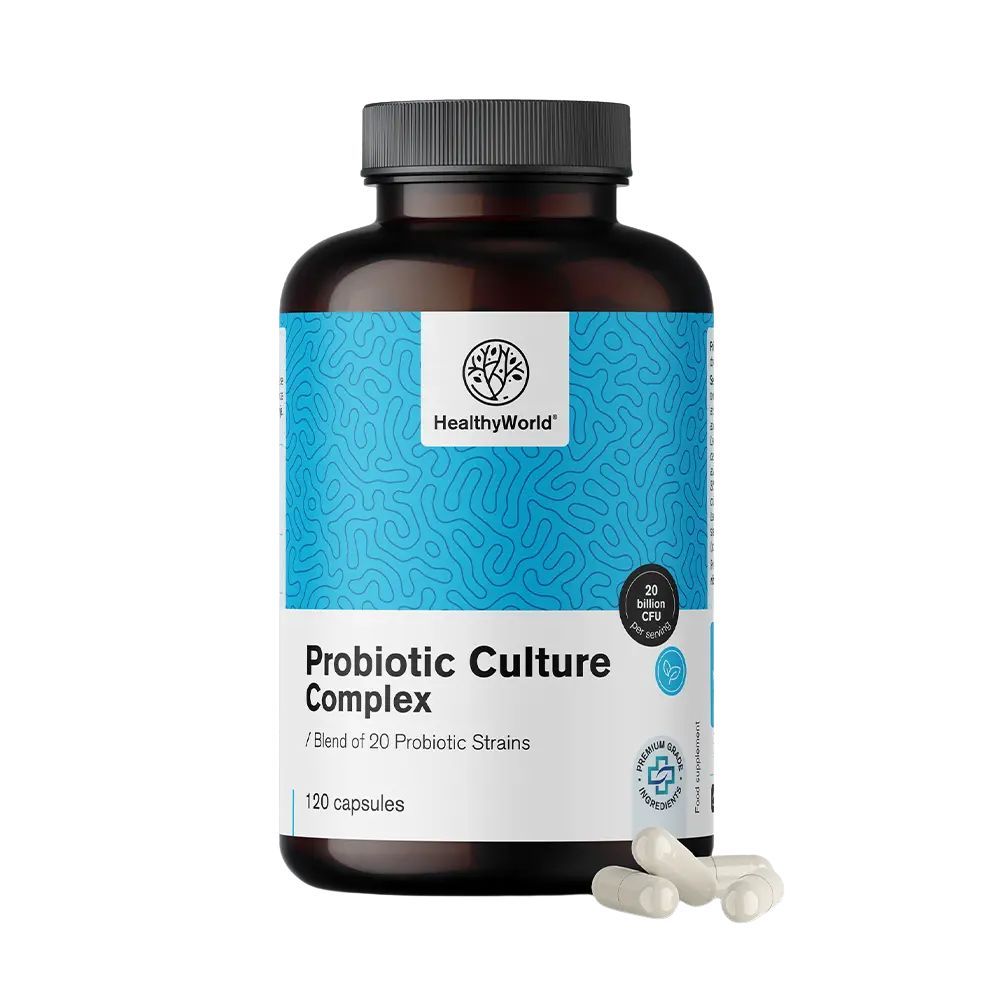 Bruine fles met blauw etiket. Bevat capsules. Opschrift: Probiotic Culture Complex, 120 capsules.