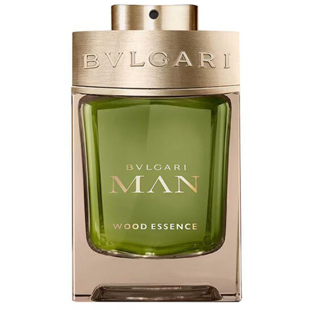 Bvlgari Man Wood Essence Eau de Parfum flacon met gouden dop en groene vloeistof.