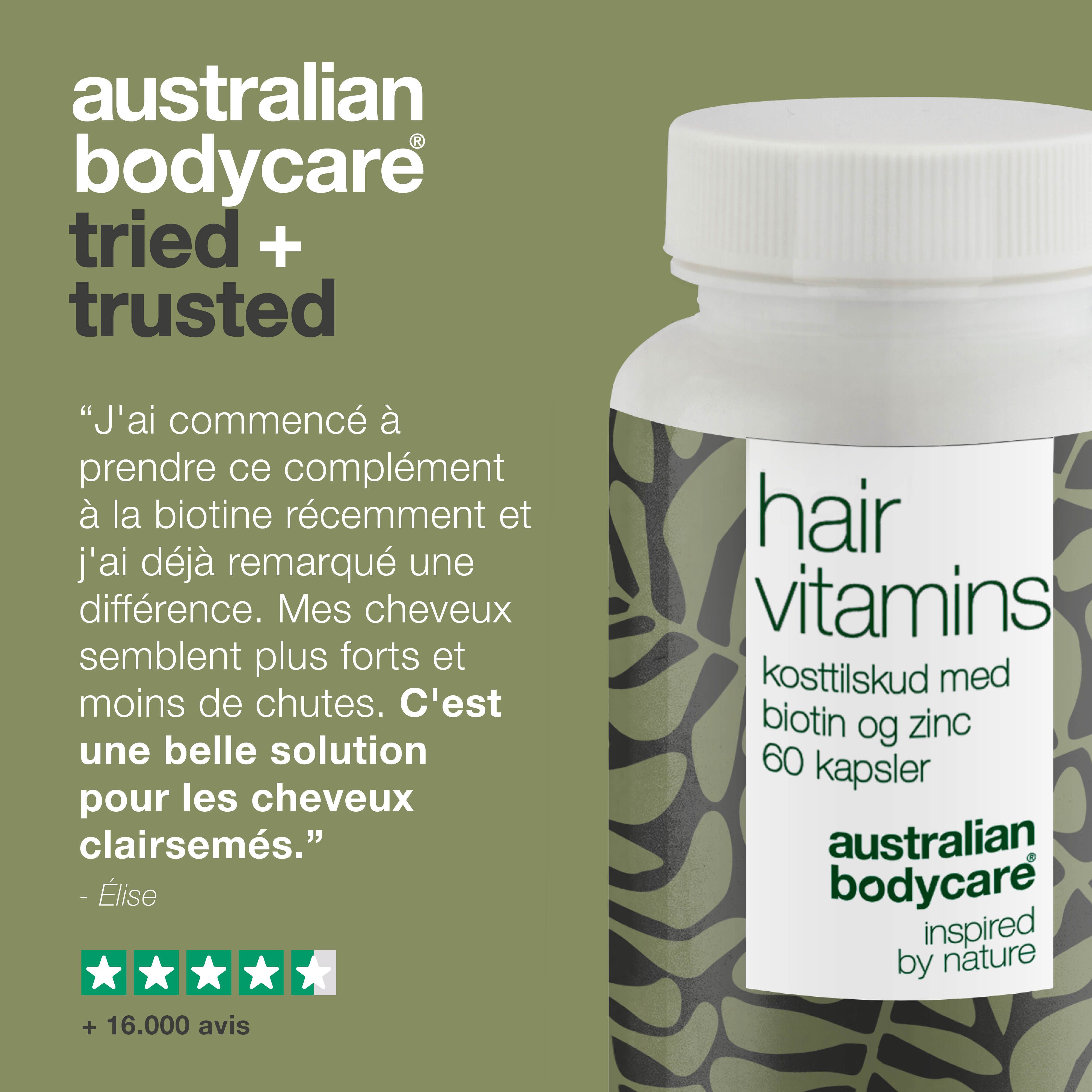 Un flacon "hair vitamins" avec du texte et des gélules. Le texte "Australian Bodycare" est visible.