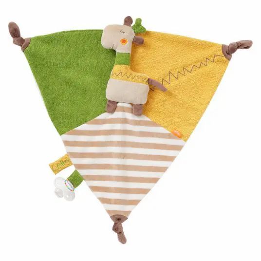 Doudou triangulaire avec girafe. Vert, jaune et rayé. Avec nœuds aux coins et une étiquette.