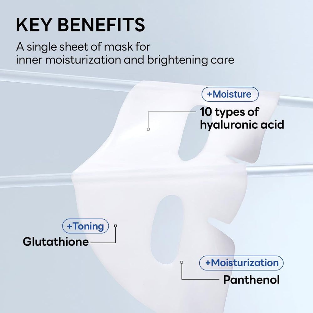 Masque facial avec texte. Contient hydratation, 10 types d'acide hyaluronique, glutathion et panthénol.