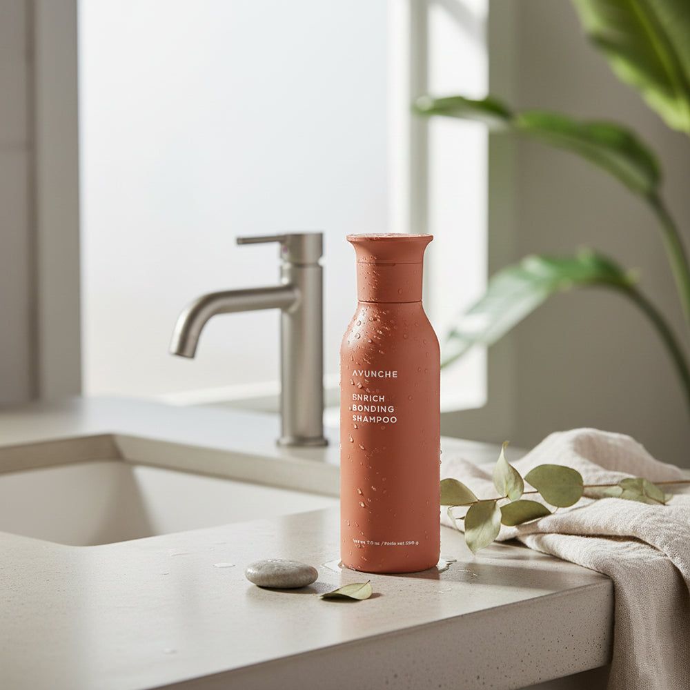 AYUNCHE Enrich Bonding Shampoo près d'un lavabo avec robinet.