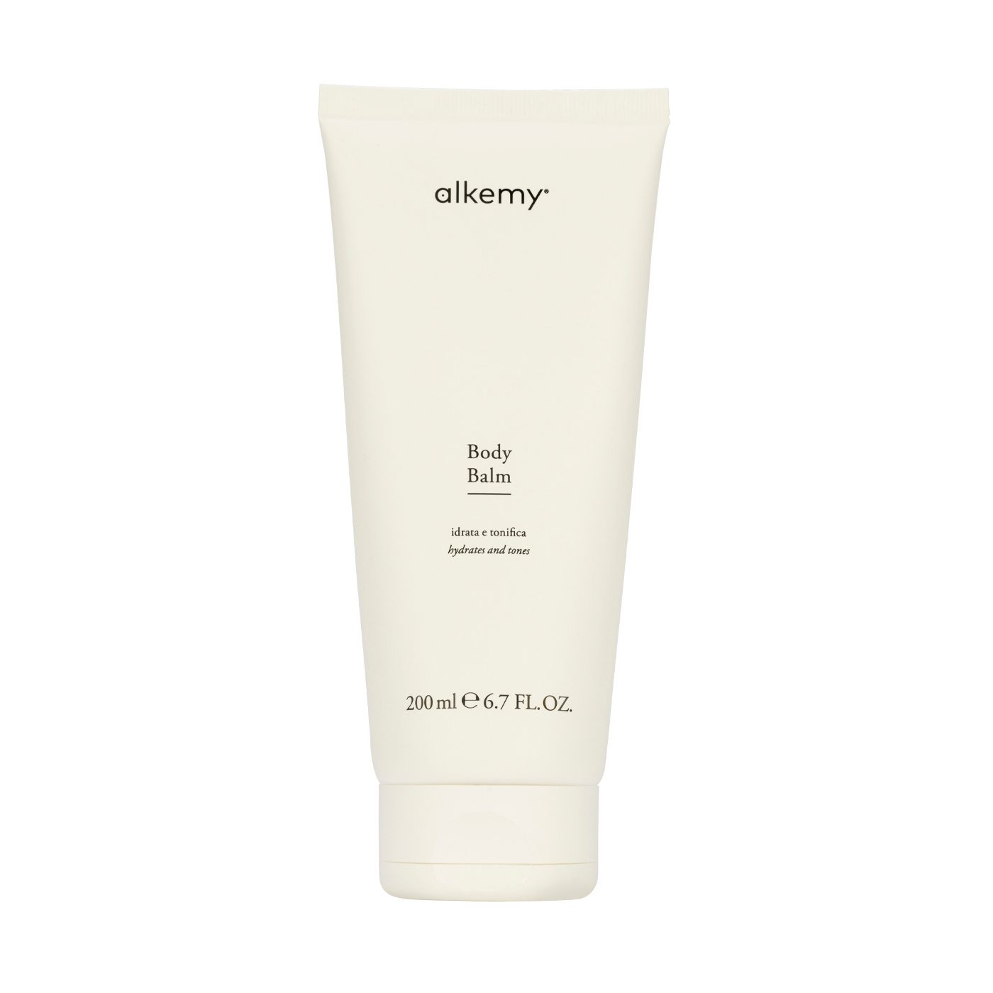 Tube blanc de baume corporel, étiqueté 'alkemy', 'Body Balm', 'idrata e tonifica' et '200 ml 6.7 FL.OZ.'.