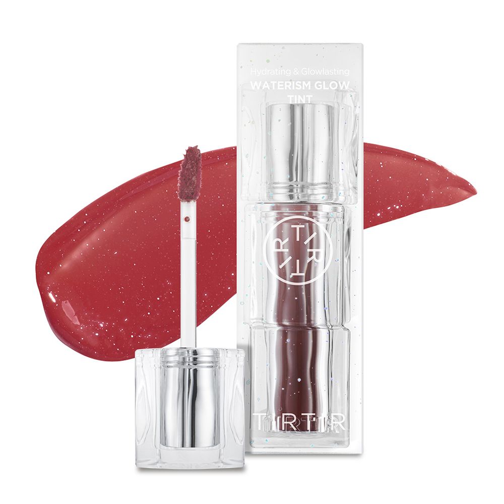 TIRTIR Waterism Glow Tint lippenstift in doorzichtige verpakking met applicator en rode swatch.