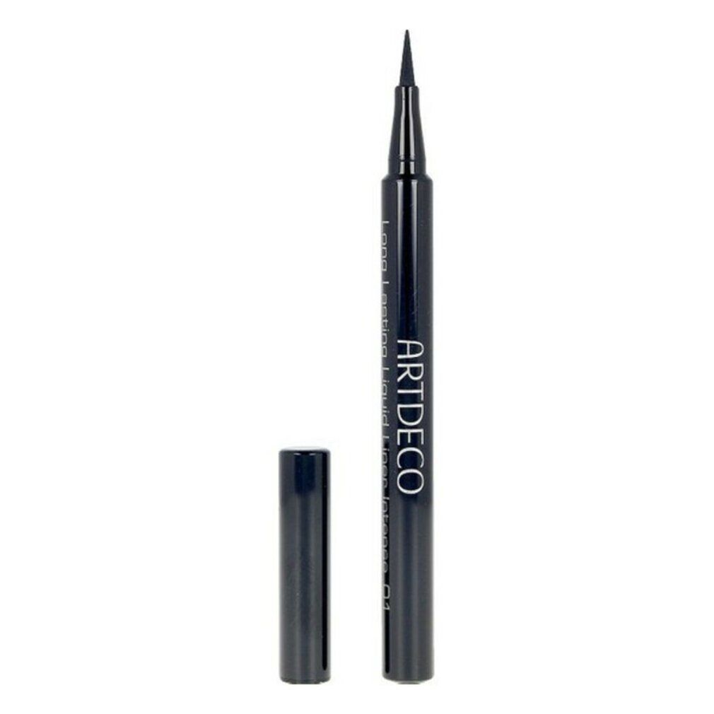Zwarte eyeliner met punt. Zwarte pen met witte tekst: ARTDECO, Long Lasting Liquid Liner Intense. Dop ernaast.