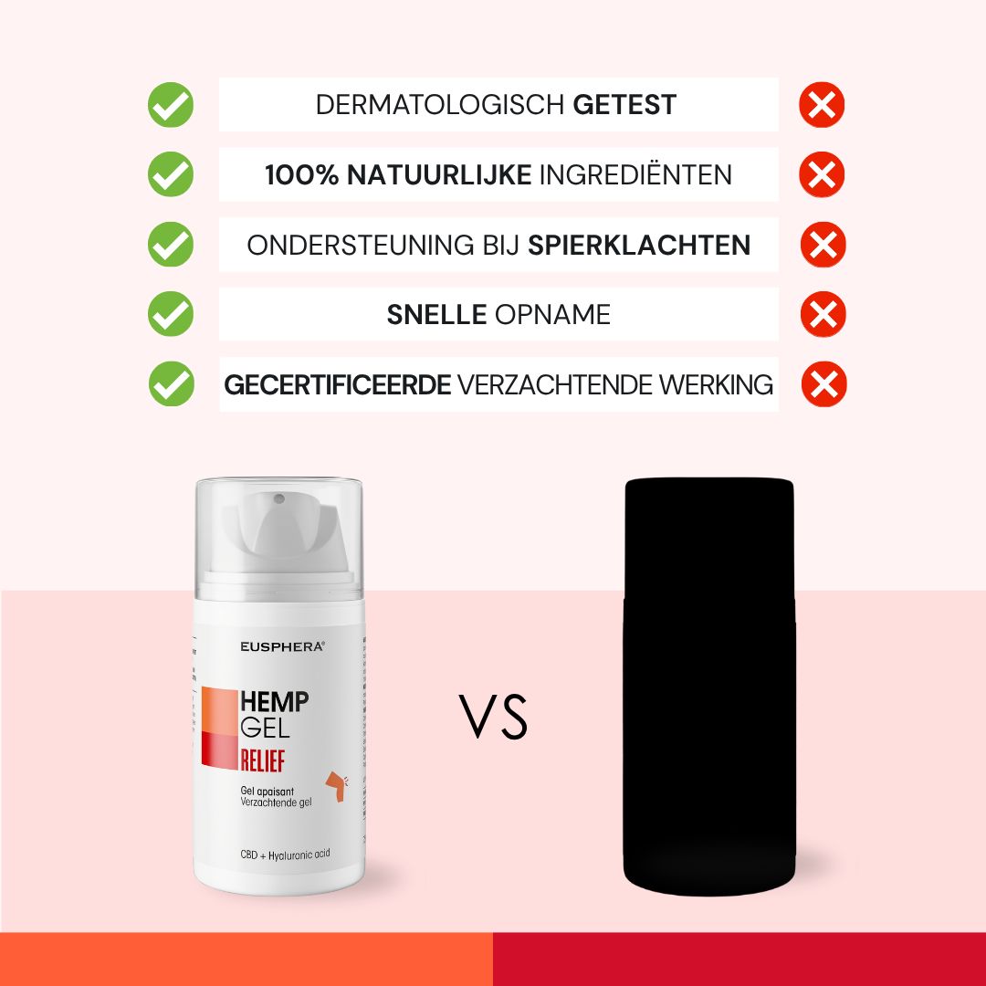 Comparaison de HEMP GEL RELIEF et d'un flacon noir. Texte: Testé dermatologiquement, 100% ingrédients naturels.