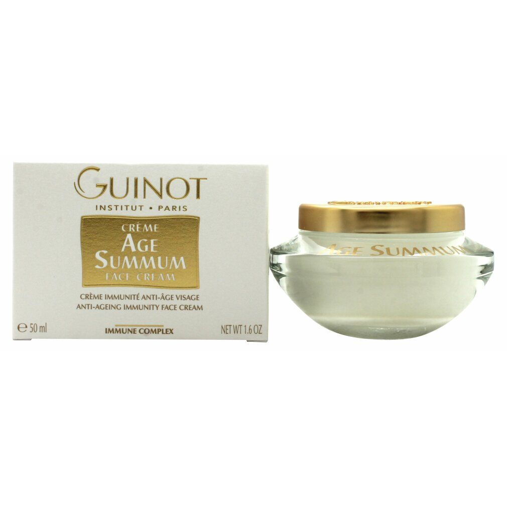 Crèmepot naast witte doos. Opschrift 'GUINOT', 'AGE SUMMUM'. Crème voor het gezicht. 50 ml.