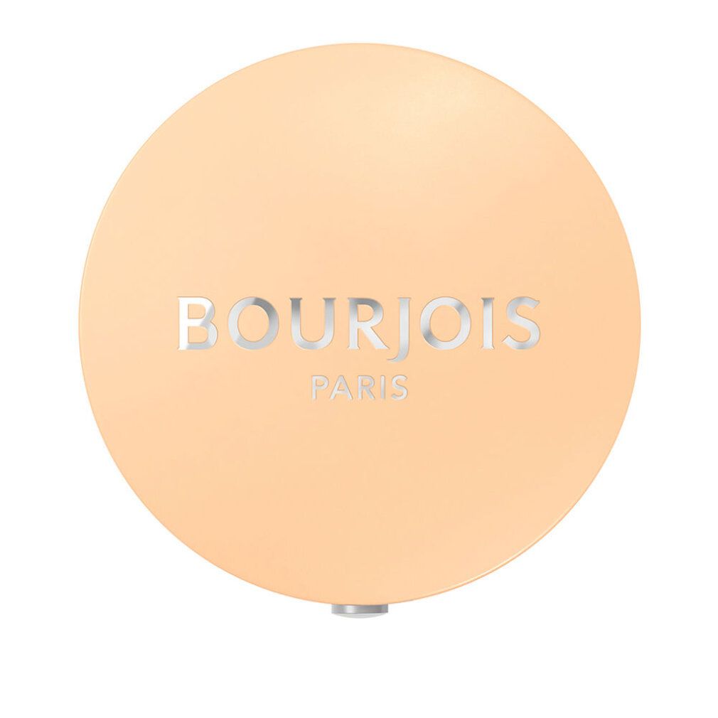 Boîtier de fard à paupières rond beige clair. 'BOURJOIS PARIS' en argenté sur le couvercle.