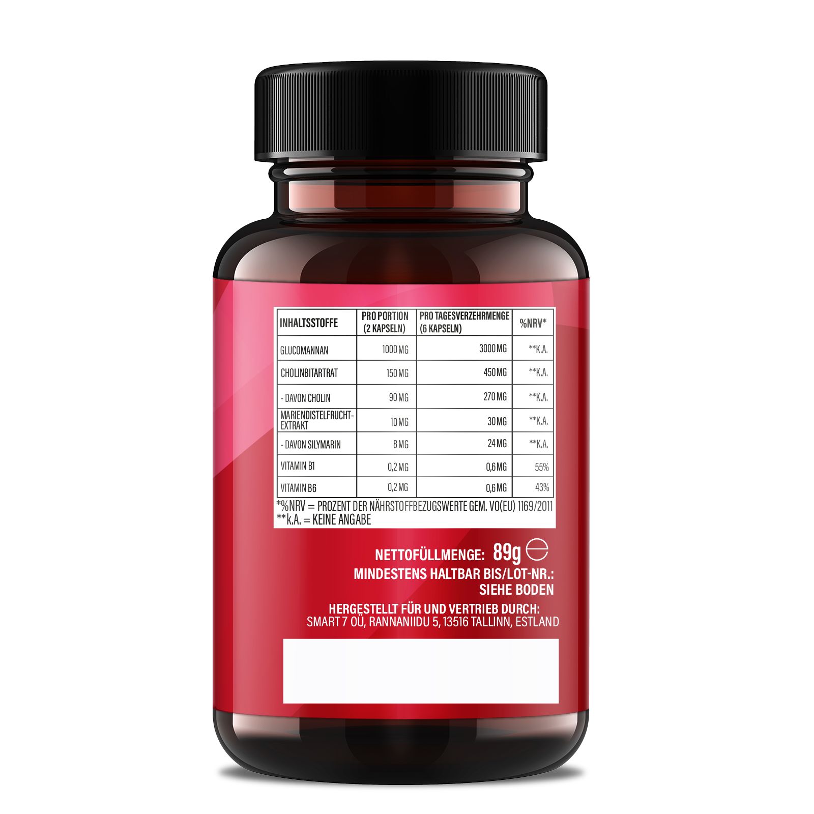 Dos du flacon. Étiquette rouge avec informations nutritionnelles. Contient glucomannane, choline, Vit B6 et B12. Texte en allemand.