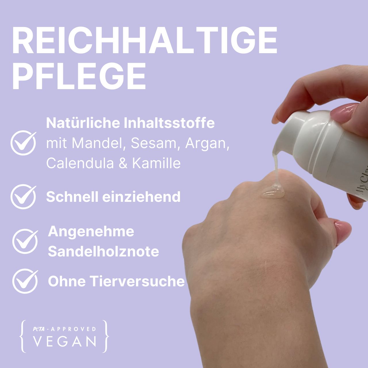 Hand met olie. Tekst: Rijk verzorgende formule. Natuurlijke ingrediënten met amandel, sesam, argan, calendula & kamille. Vegan.