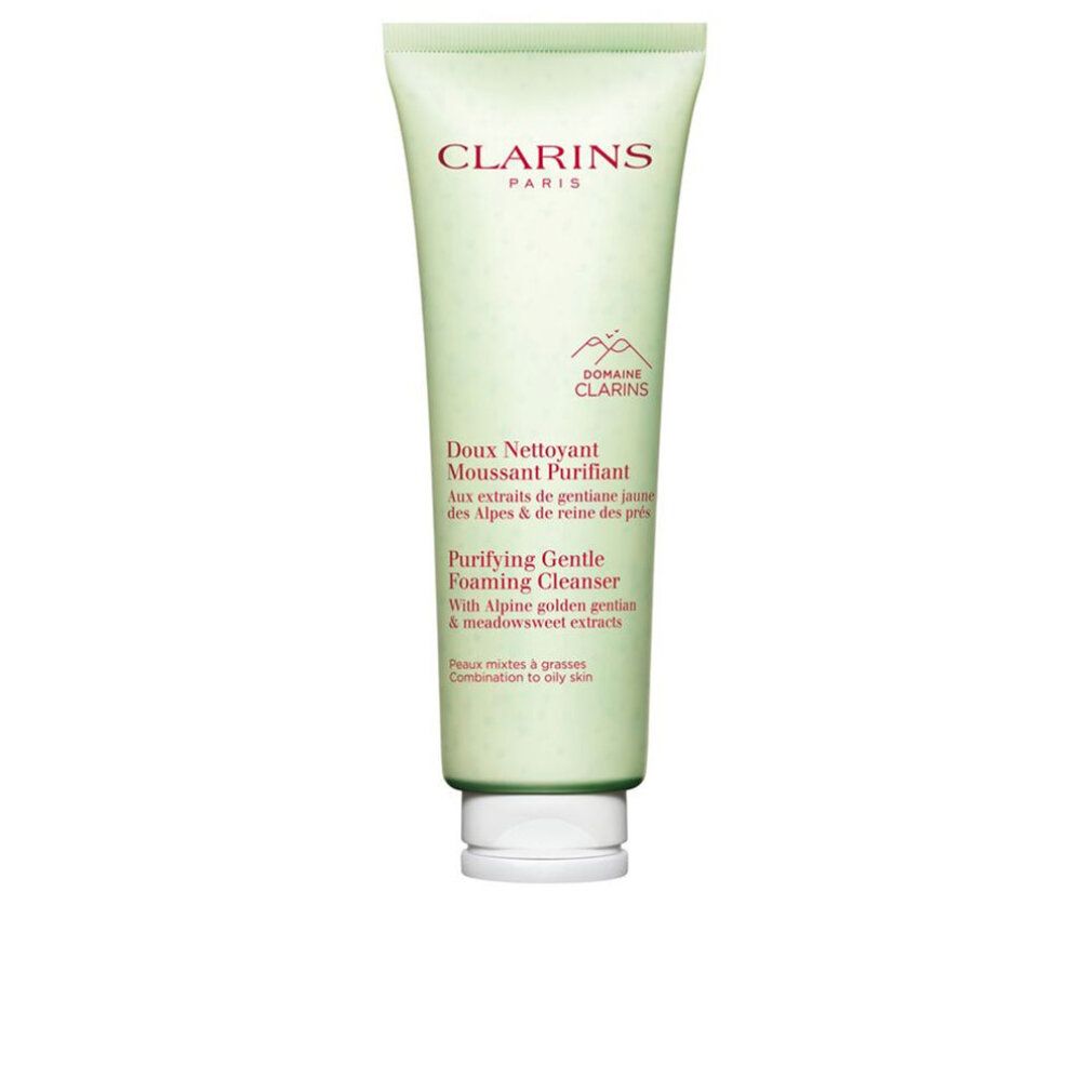 Tube vert avec bouchon blanc. Texte: Clarins, Doux Nettoyant Moussant Purifiant, Purifying Gentle Foaming Cleanser.
