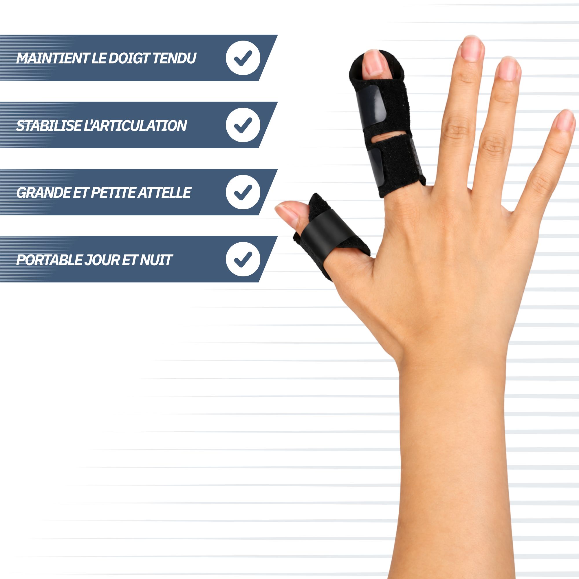Attelles noires pour doigts stabilisant deux doigts, fermetures velcro.