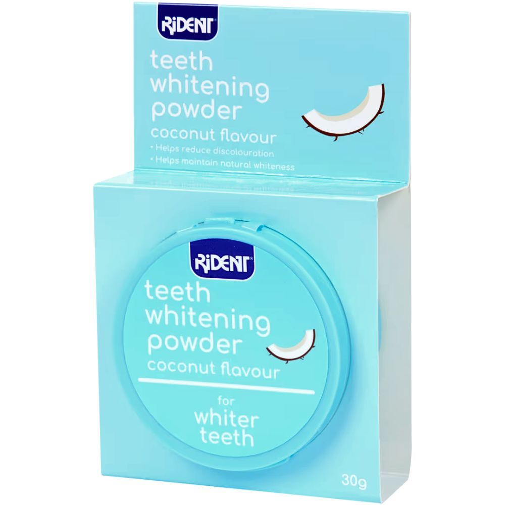 Poudre blanchissante pour les dents, emballage bleu clair. Boîte ronde avec couvercle et nom du produit. Arôme noix de coco. Marque Rident.