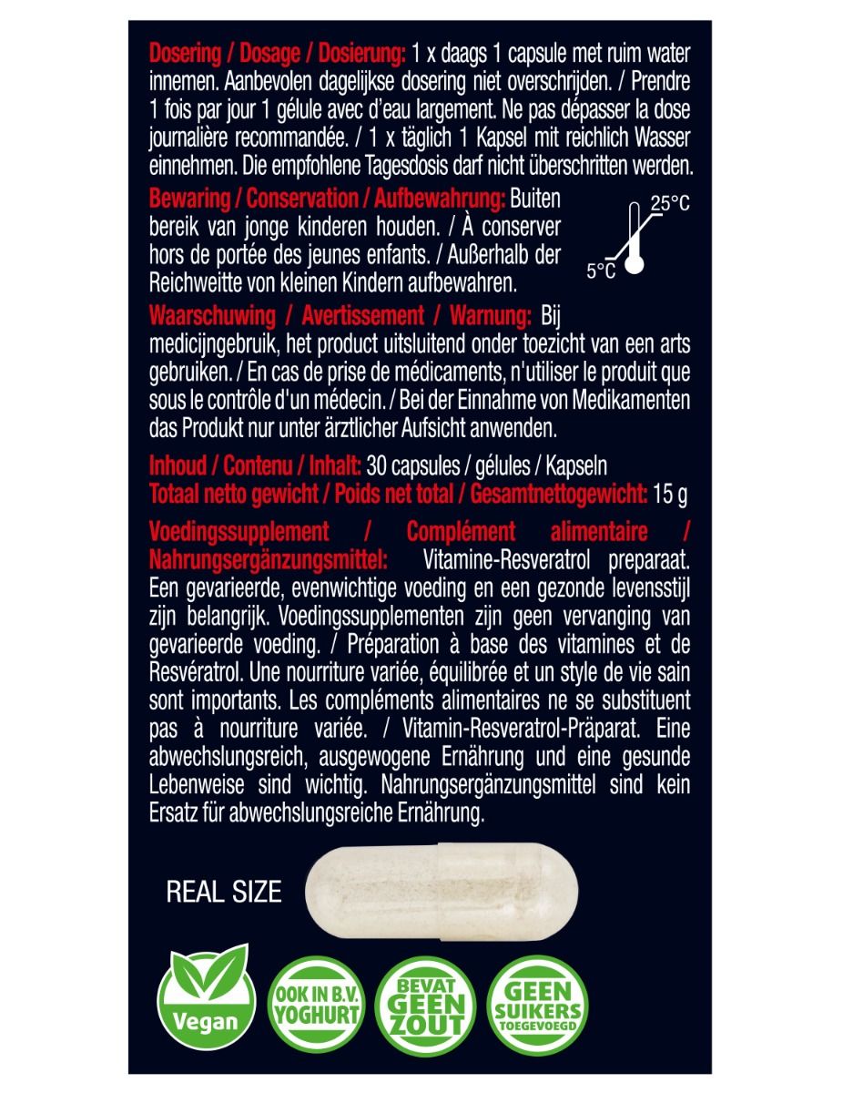 Achterkant verpakking met informatie over dosering, ingrediënten en waarschuwingen. Bevat 30 capsules. Vegan keurmerk.