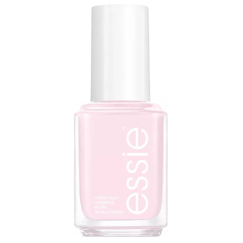 Flesje nagellak met roze inhoud. Witte dop, transparant flesje, opschrift 'essie'.
