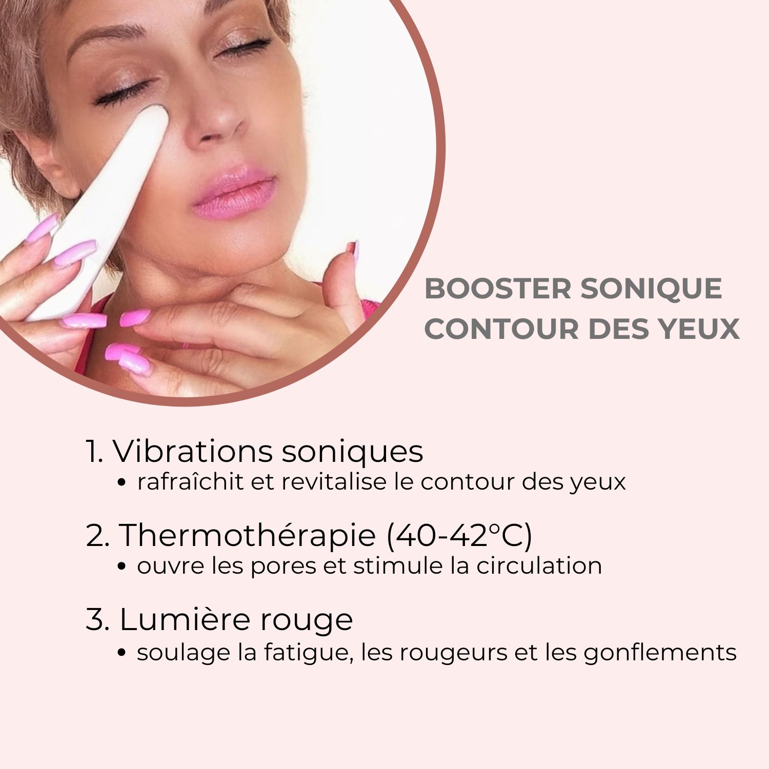 Femme avec appareil sur l'œil. Appareil blanc, allongé, avec pointe rouge. Texte: 'BOOSTER SONIQUE CONTOUR DES YEUX'.