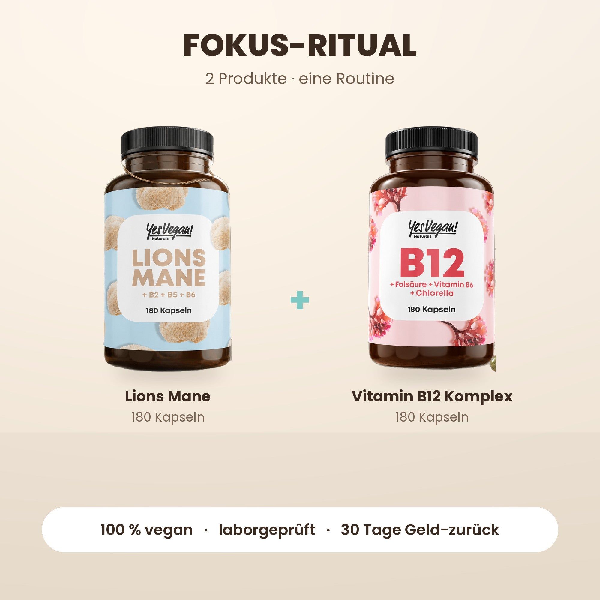 Twee flessen Yes Vegan! Lions Mane (180 capsules) en Vitamine B12 Complex (180 capsules).