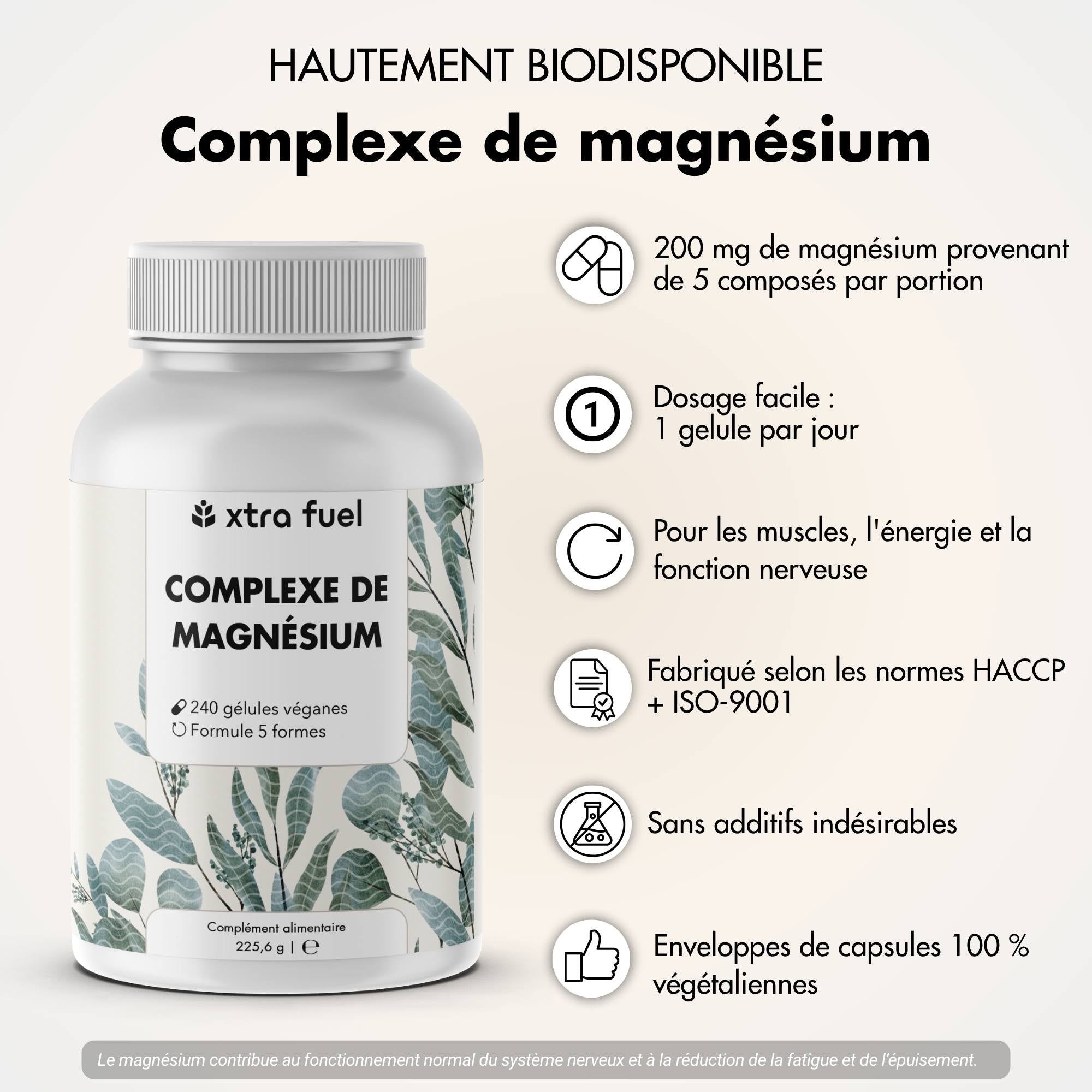 Bouteille XTRA FUEL Magnesium Komplex, 240 gélules végétaliennes, formule 5 formes.