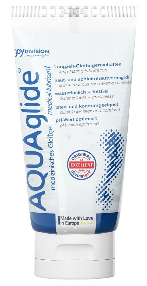 Tube de gel lubrifiant médical AQUAGLIDE avec bulles d'eau. "Made with Love in Germany".