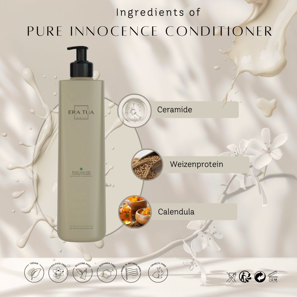 Flacon beige avec pompe noire. Texte: Era Tua, Pure Innocence Conditioner. Ingrédients: Céramide, protéine de blé, calendula. Label vegan.